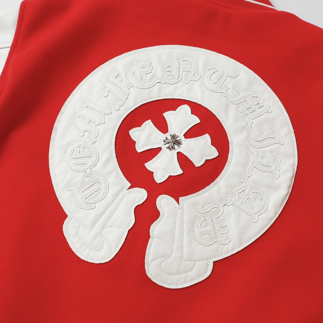 Red Cross Varsity Jacket - White Sleeve Gothic Street Baseball Coat D68
